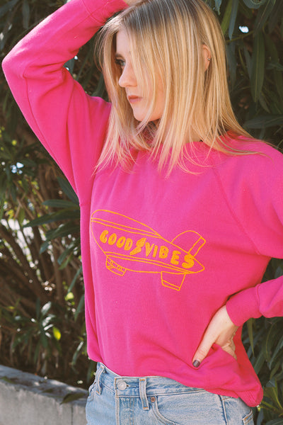 bold vintage sweatshirt with good vibes embroidery detail | Love Faustine