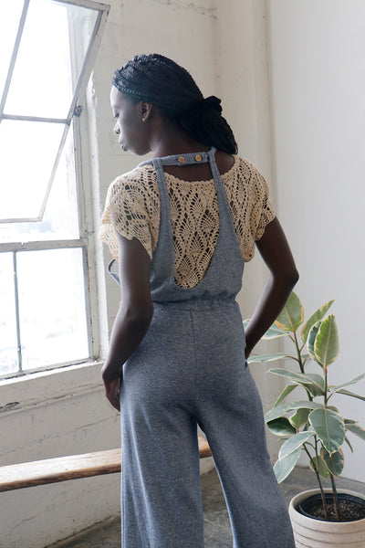 Wide leg jumpsuit with waist tie and button back| Love Faustine