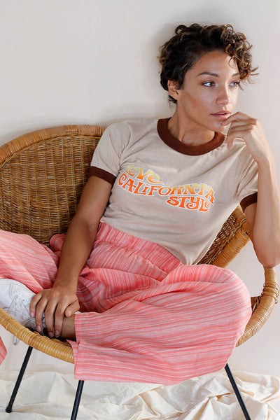 pink stripe wide-leg linen lounge pants featuring a high-rise pull-on style and elastic waistband | Love Faustine