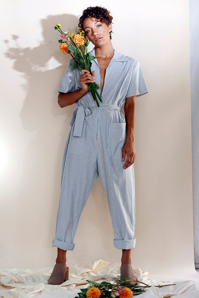 Zip Front Pinstripe cotton Jumpsuit Sustainable Workwear Love Faustine