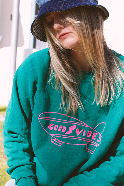 vintage sweatshirt with good vibes embroidery detail | Love Faustine