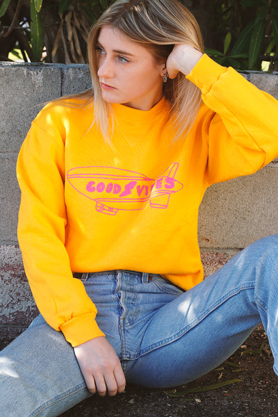 yellow upcycled vintage sweatshirt with good vibes embroidery detail | Love Faustine