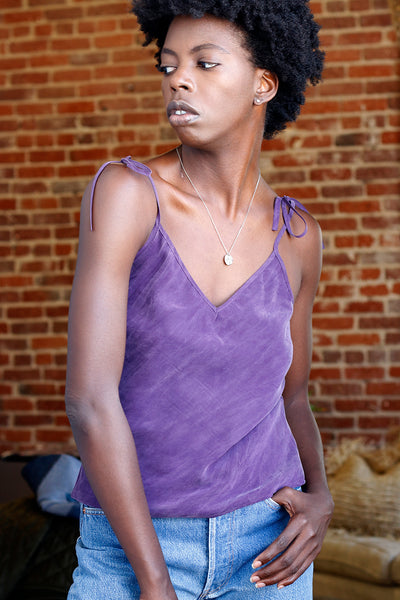 sustainable violet bias cut cami with adjustable tie straps and v-neck | Love Faustine
